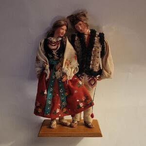 Vintage Polish Folk Art Dolls On Stand~European Folk Art Traditional Dress~